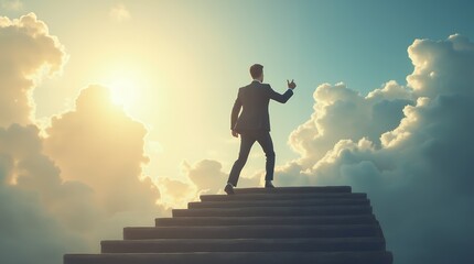 Poster - A Professional Man in a Suit Ascending Stairs Symbolizing Business Motivation and Success Against a Background of Clouds and Sunlight
