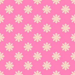 Vector seamless pattern in retro vintage style. Simple geometric floral ornament. Hot pink and beige. Abstract background texture with small bold flower silhouettes, sun. Repeated funky geo design