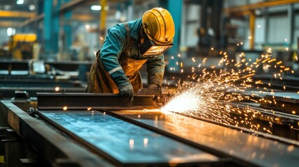 Poster - Industrial Worker Cutting Metal with Sparks Flying