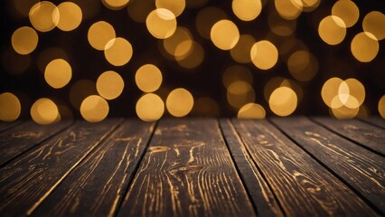 Wall Mural - Rustic brown charred wood board mockup surface with gold bokeh lights background