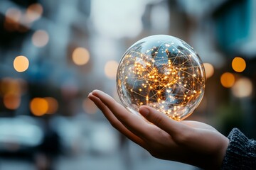 Poster - A hand supports a luminous globe network against a soft-focus urban backdrop, indicating global connectivity and modern technological advancements.