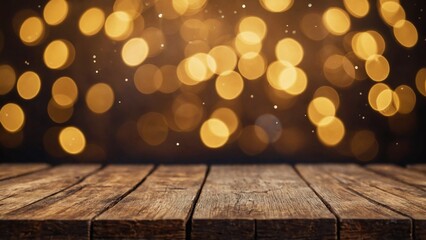 Wall Mural - Rustic brown wood board mockup surface with glittery gold bokeh lights background