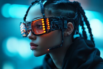 Poster - A woman sports a high-tech headset with bright neon lights and sleek design, embodying futuristic fashion and advanced wearable technology.