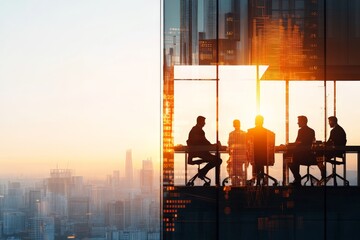 Poster - a silhouette of a group of professionals sitting at a conference table with a cityscape view, showca