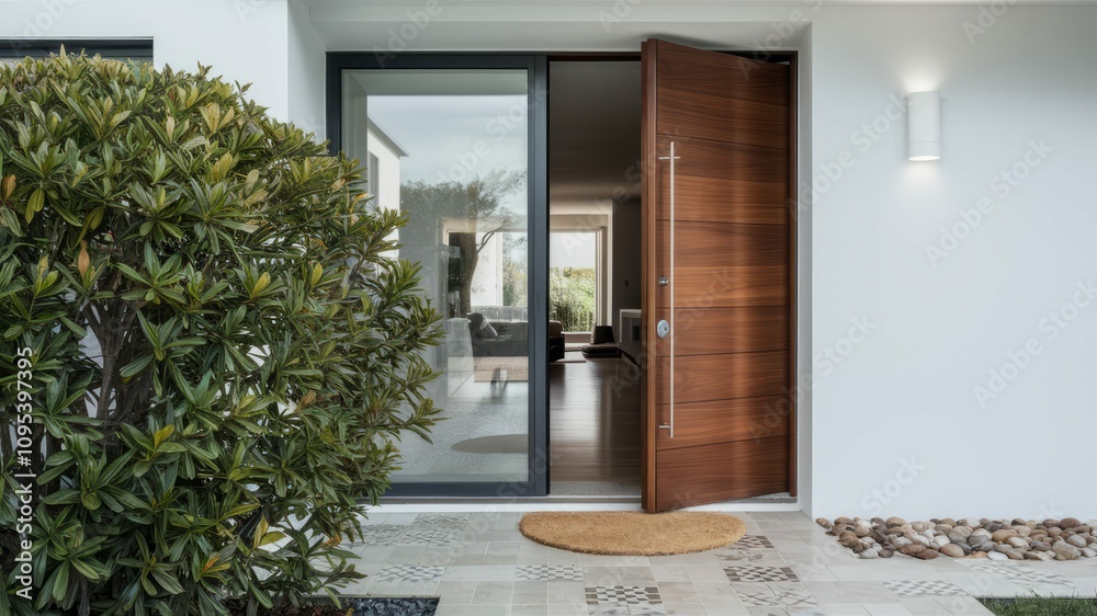 Modern Entrance: A sleek, contemporary wooden door with a glass panel ...