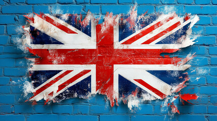 Poster - Union Jack flag on blue brick wall showcasing British heritage and vibrant colors with a modern artistic twist