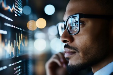 Poster - An analyst, focused and determined, studies complex data on digital screens, embodying intelligence, precision, and expertise in a futuristic tech environment.