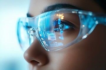 Poster - The close-up of high-tech augmented reality glasses with digital interfaces reflecting data displays, showcasing innovation and technology in future tech development.