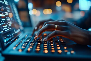 Poster - A close-up image of hands typing swiftly on a glowing keyboard, the ambient light suggesting a futuristic and fast-paced digital work environment.