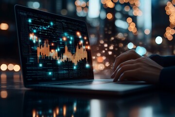 Poster - The laptop screen displays dynamic financial data and graphics, highlighting the world of finance, technology, market analysis, and digital information flow.