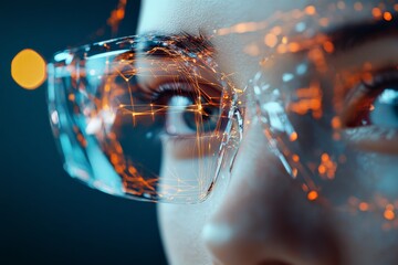Poster - A close-up of a woman's face highlighting her eyes through transparent smart glasses with glowing orange design elements, symbolizing innovation and vision.