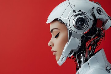 Poster - Profile of an elegant female robot, showcasing advanced technology and robotics against a futuristic red backdrop, symbolizing innovation and artificial intelligence.