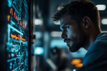 Poster - A man intensely examines complex digital data displayed on a large screen, highlighting the intersection of technology and human concentration in a modern setting.