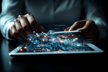 Poster - A pair of hands skillfully interacts with a glowing data hologram displayed above a tablet, showcasing modern technology's tactile and interactive capabilities.
