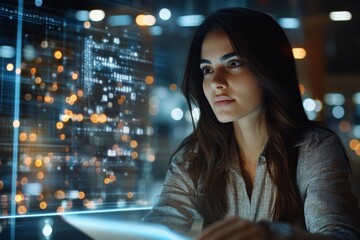 Poster - A woman engrossed in using a digital screen within a high-tech environment filled with glowing data and futuristic graphics, emphasizing focus and technology.