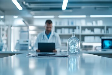 Poster - A scientist in a high-tech laboratory examines a digital display of a brain model, emphasizing innovation, research, and the intersection of technology and science.