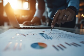 Poster - A professional's finger traces financial charts on a desk, symbolizing analysis and strategy in business decision-making through visual data-driven methods.