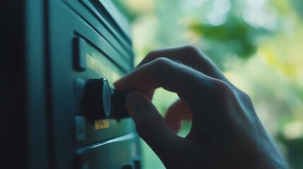 Aufkleber - A hand adjusting a control knob on a device, surrounded by a blurred natural background.