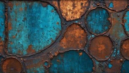 Vibrant textures of rust and turquoise illuminate an industrial wall at sunset