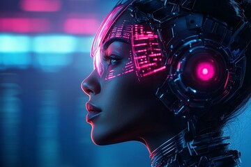 Poster - Profile of a woman with cybernetic enhancements and a vibrant glowing interface on her head, symbolizing the fusion of technology and human emotion in a visionary world.