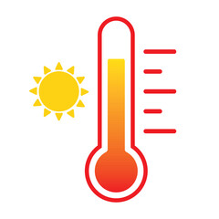 thermometer reaching high temperatures. temperature scale symbol, warm weather sign. red thermometer