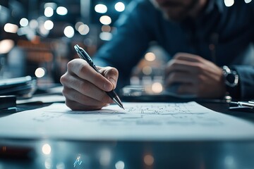 Poster - A person handwrites on paper with a sleek, tech-infused office setting reflected on the surface, illustrating the blend of traditional methods and futuristic tools.
