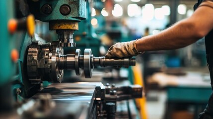 Poster - Worker Operating Industrial Metalworking Machine with Large Metal Part