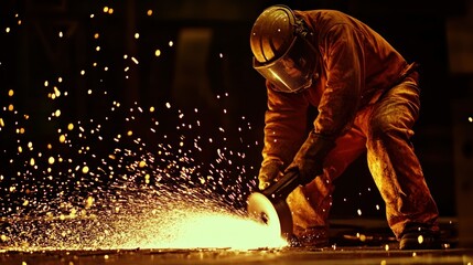 Poster - A worker in protective gear uses a grinder to cut metal, sending sparks flying.