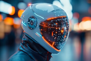 Poster - A sleek, modern helmet features intricate digital reflections on its visor, presenting an advanced and futuristic design suggesting a blend of technology and innovation.