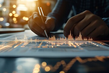Poster - Close-up of hands writing with a pen, analyzing graphs on a document, capturing financial insights, precision, and dedication in modern analytics.
