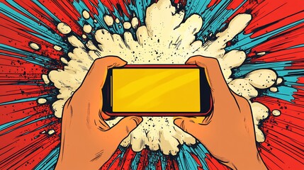 Wall Mural - Hands holding phone with blank screen in comic explosion.