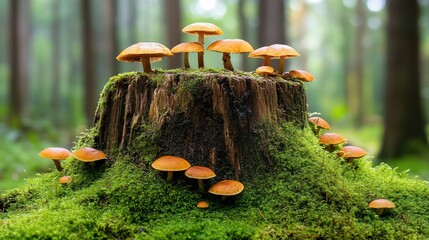 Wall Mural - Cluster of orange mushrooms growing on mossy tree stump in forest.