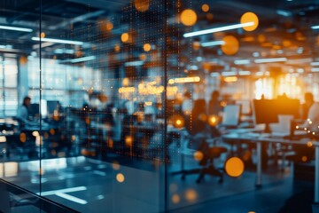 Poster - A blurred abstract depiction of an office environment focusing on digital data interactions and modern workspace aesthetics, capturing the essence of technology's role.