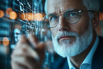 Poster - An elderly man with glasses carefully analyzes data on a digital screen, demonstrating wisdom, experience, and adapting to modern technology trends.