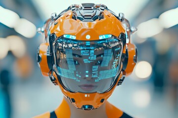 Poster - A close-up of a person wearing an advanced, orange futuristic helmet featuring a digital interface display, representing technology and innovation.
