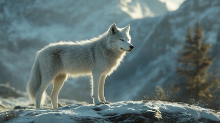 Wall Mural - majestic arctic wolf standing on snowy mountain peak at sunrise.