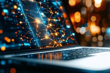 Poster - A laptop screen showing a digital network with glowing connections and nodes, representing technology, communication, and data flow in a modern context.