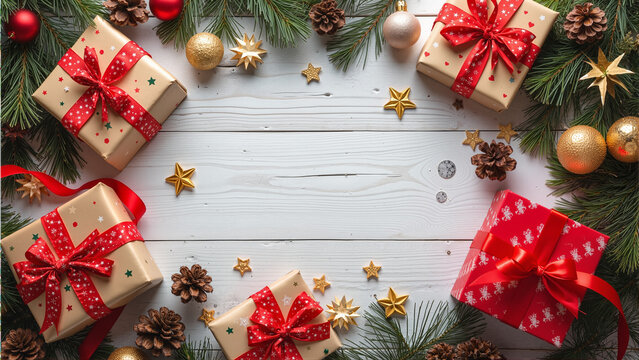 Festive Christmas Flat Lay with Gifts, Decorations, and Cozy Elements on a Wooden Background