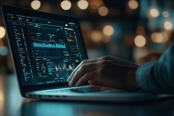 Poster - A close-up of a laptop screen showing various financial graphs and data analytics, indicating focus on business performance, analysis, and market trends.