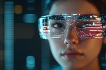 Poster - A woman gazes into the distance through augmented reality glasses, emphasizing modern innovation and the blend of human perception with digital information layers.