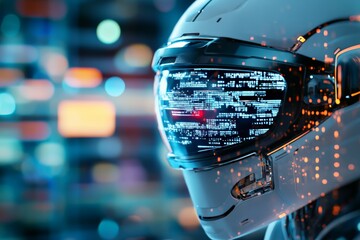 Poster - An advanced robotic head featuring a bright, digital interface overlaid with abstract data points and glowing patterns, representing the forefront of AI technology and design.