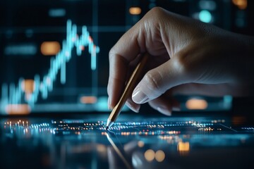 Poster - A close-up of a hand using a stylus to interact with digital charts on a screen, emphasizing financial analysis, technology integration, and precision in data manipulation.
