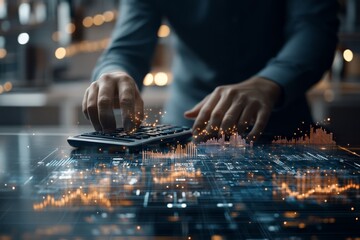 Poster - Hands actively using a calculator on a surface covered with a digital chart, symbolizing financial calculations, analytics, and precision in a modern business context.