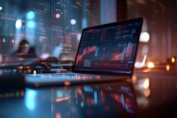 Poster - A laptop displays a colorful stock market data graph, capturing the fast-paced world of financial trading with neon-inspired illumination in a dimly lit environment.