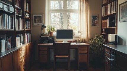 Aufkleber - A Cozy Home Office with a Desk, Bookshelves, and a Window View