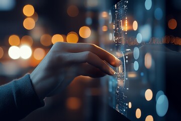 Poster - A hand interacts with a digital screen, tapping into vibrant, illuminated interfaces that symbolizes modern connectivity and the dynamic digital interaction era.