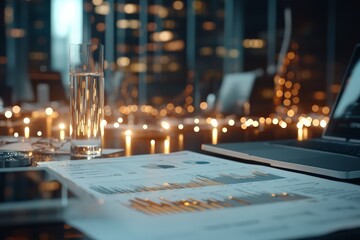 Poster - an office table displays a glass of water beside financial reports, highlighting a professional sett