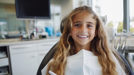 Wall Mural - a joyful young girl with long hair sits in a dental chair, beaming a bright smile, capturing the ess