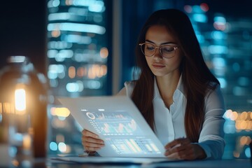 Poster - A professional woman reviews data on a holographic document in a dimly lit city office, symbolizing analytics and modern business decision-making processes.