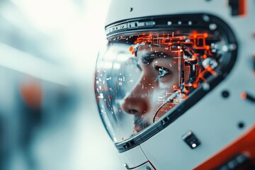 Poster - A close-up view of a futuristic helmet with digital information projected across the visor, reflecting advanced technology and the age of data-driven solutions.